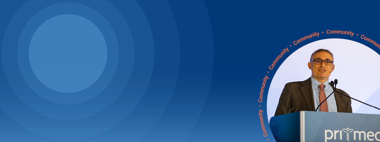 Concentric circles with a circular image of Frank Domino, MD with the words Community circling on the perimeter of the image.