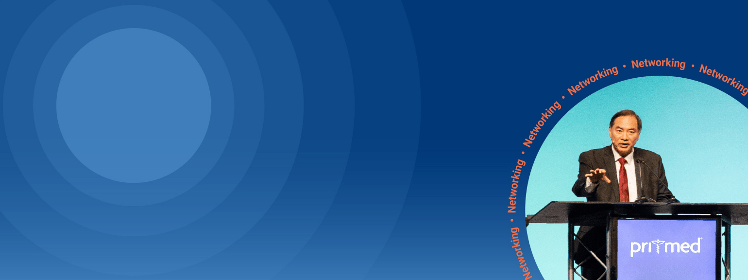 Peter Lin keynote speaker at podium with the words Networking around the image, blue background