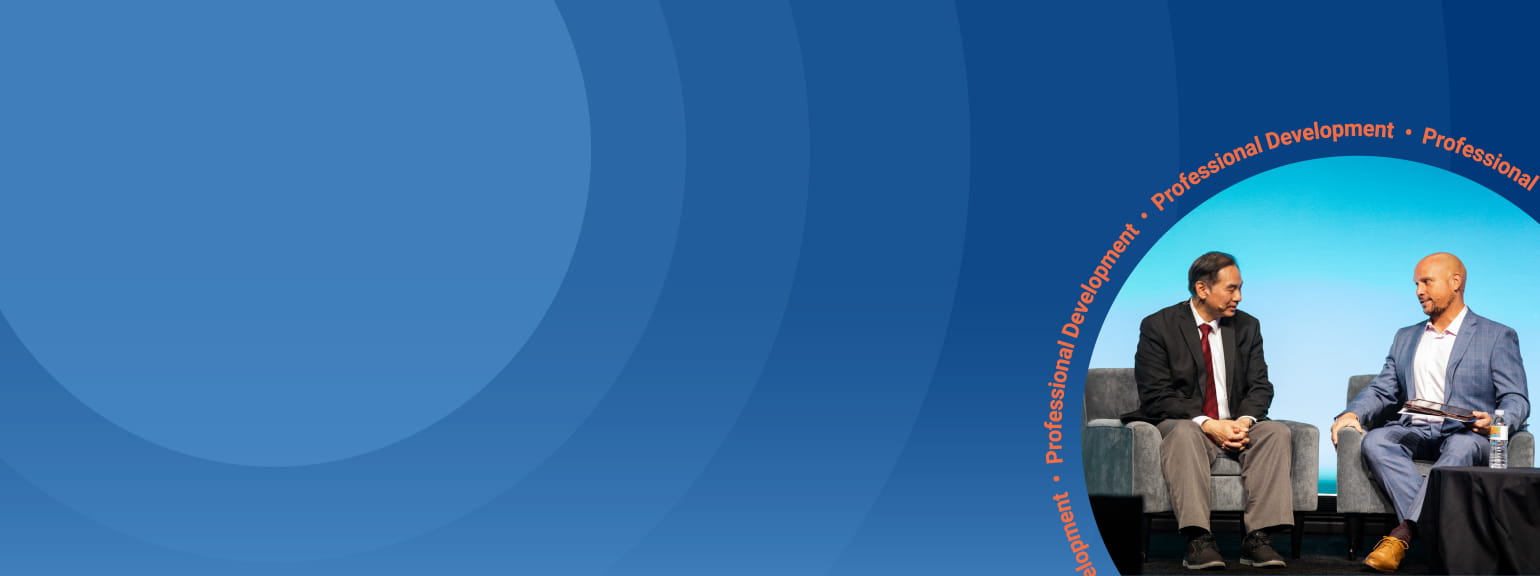 Concentric blue circle design with circle image of Drs. Lin and Simmons discussing AI on stage at Pri-Med